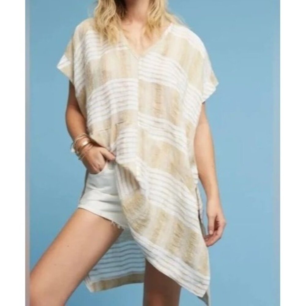 Kemi + Kin Anthropologie Striped 100% Linen Tunic Top Tan White Boho Summer M j2